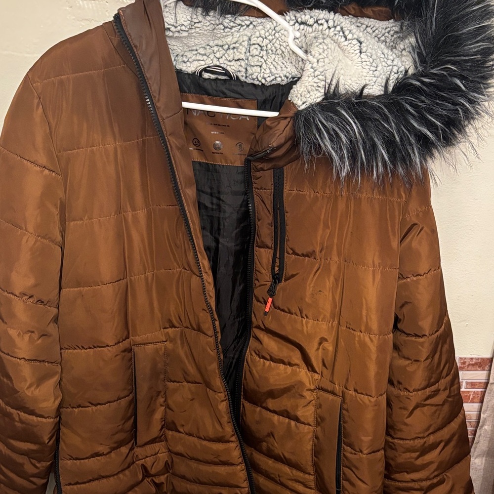 Nautica Brown Puffer Jacket with Faux Fur Hood